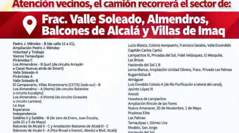 Recorre camión recolector Valle Soleado y Pedro J. Méndez, entre otras colonias hoy jueves